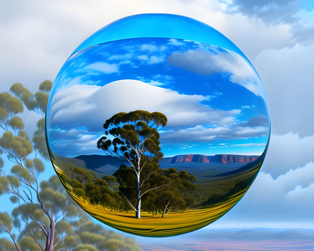 Surreal landscape with eucalyptus trees, hills, and mountains in transparent bubble