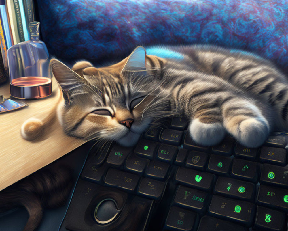 Tabby Cat Napping on Computer Keyboard with Smartphone and Spilled Coffee