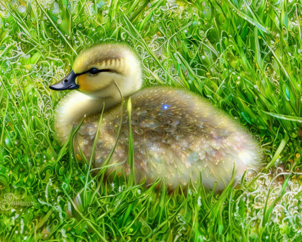 Yellow and brown fluffy duckling in vibrant green grass with glistening water droplets