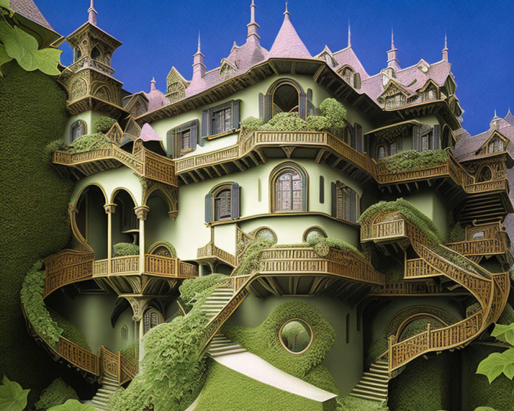 Fantasy-style mansion with towers, balconies, and staircases in lush setting