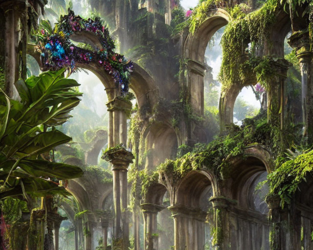 Ancient Stone Archway Overgrown with Foliage and Flowers in Jungle