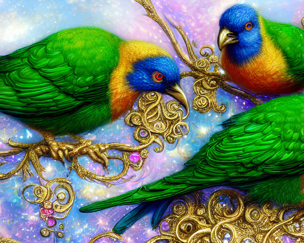 Colorful Parakeets on Intricate Golden Filigree with Jewels