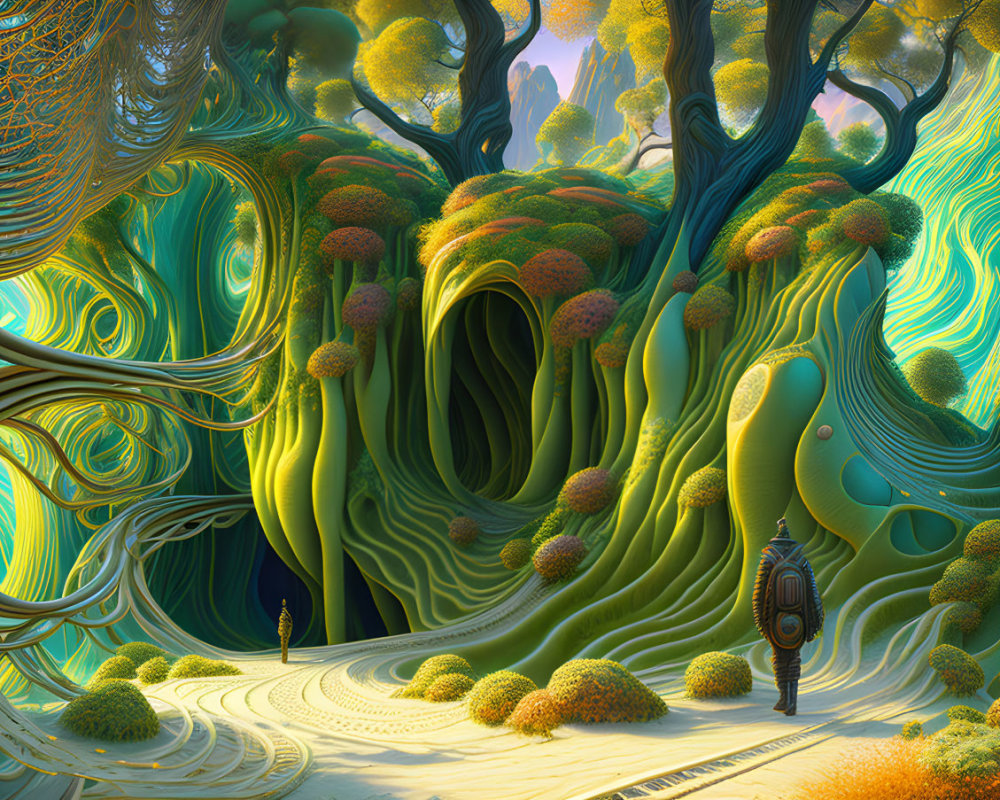 Vibrant surreal landscape with swirling trees and mysterious door