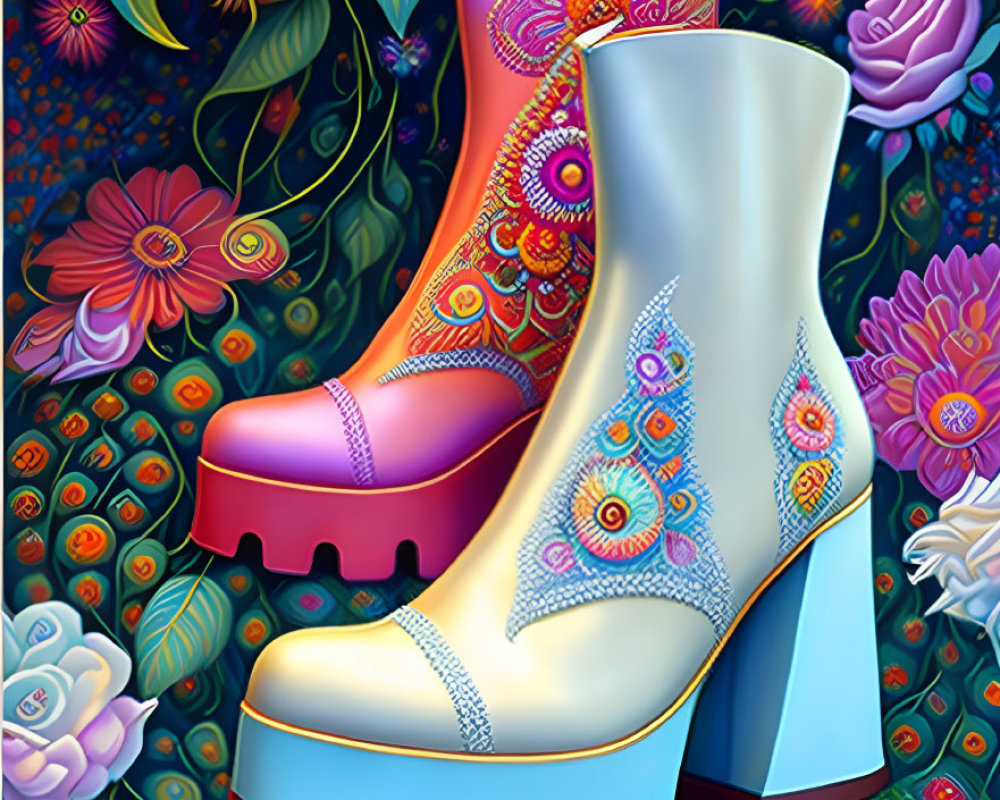 Colorful Stylized Boots Illustration on Floral Background