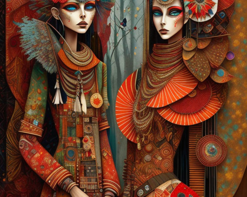 Colorful Stylized Figures in Elaborate Costumes Against Decorative Backdrop