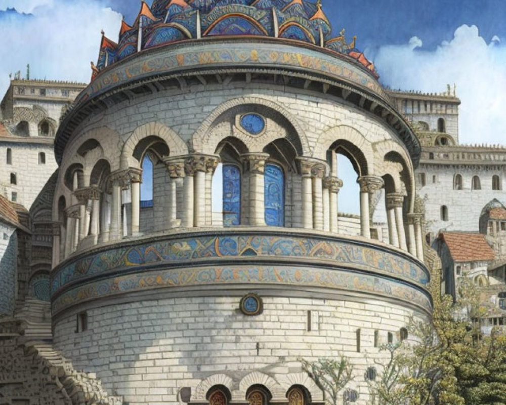 Fantasy palace with arched windows, grand staircase, and multicolored domed roof.