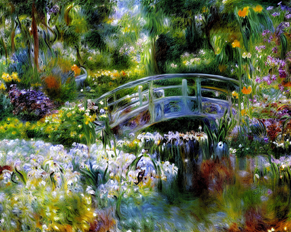 Vibrant flower garden with tranquil pond and wooden bridge