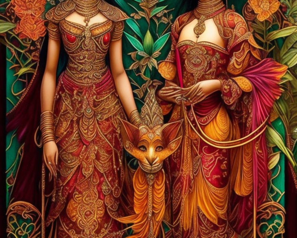 Two women in ornate dresses with stylized fox on floral backdrop