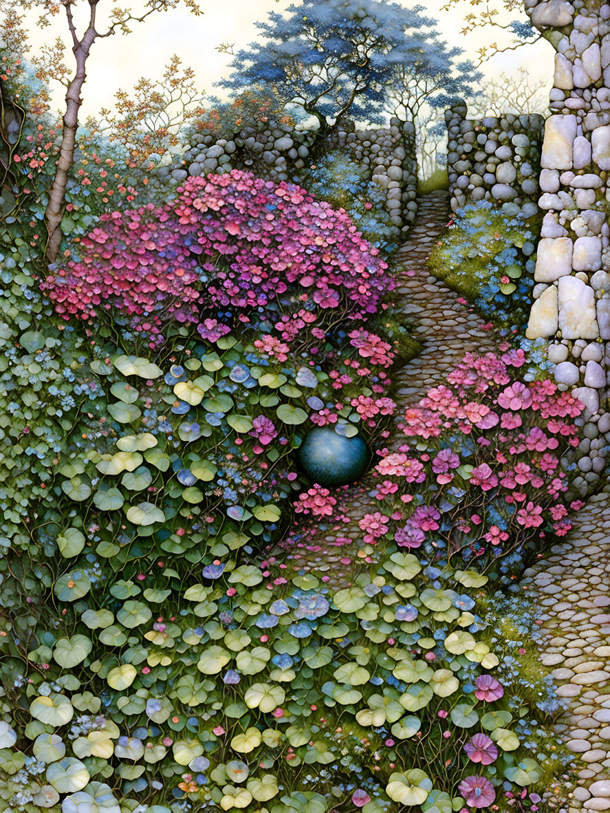 Colorful Hydrangea-Lined Garden Path with Stone Walls and Lush Greenery