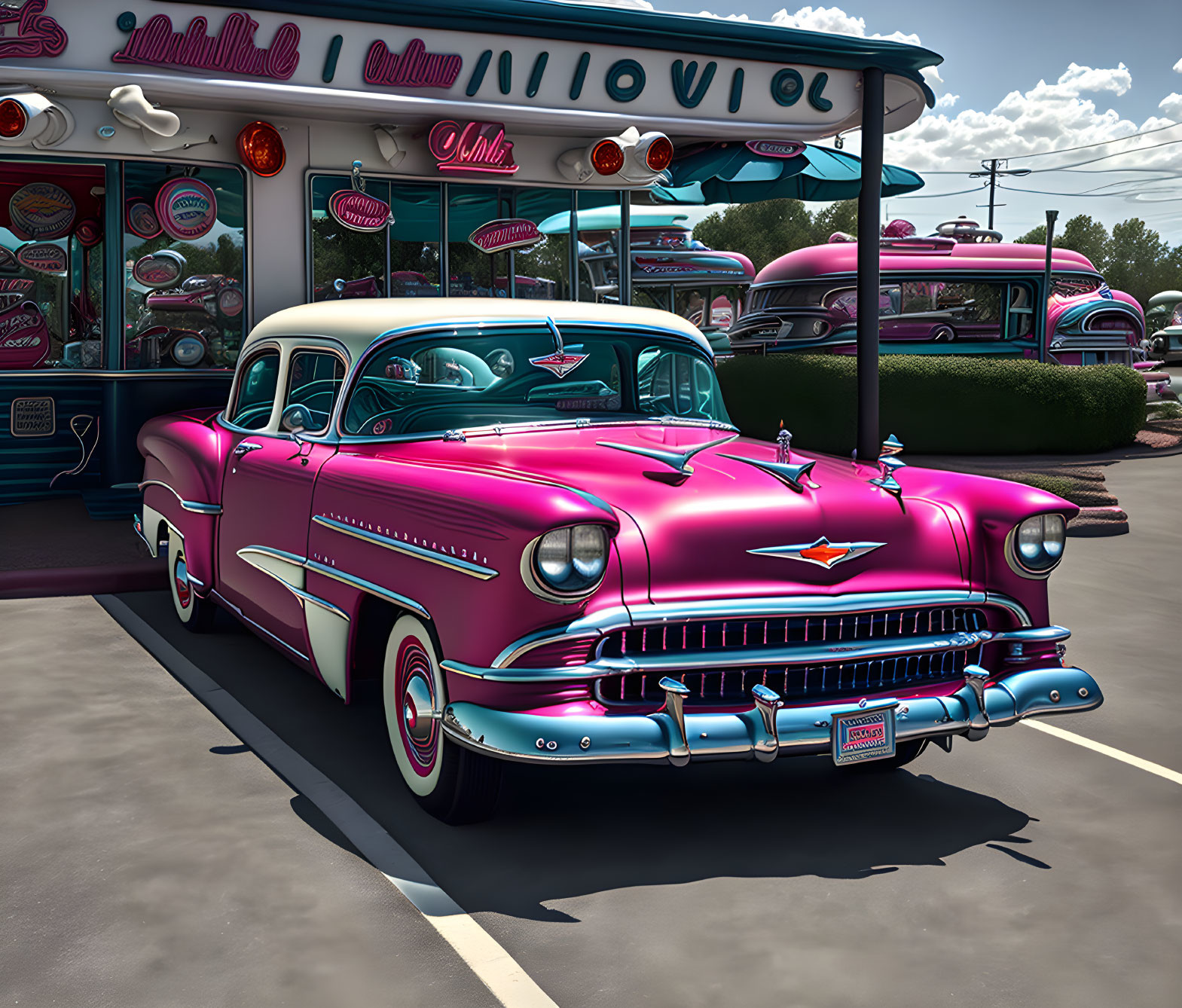 Vintage pink Chevrolet parked at retro diner with neon signs