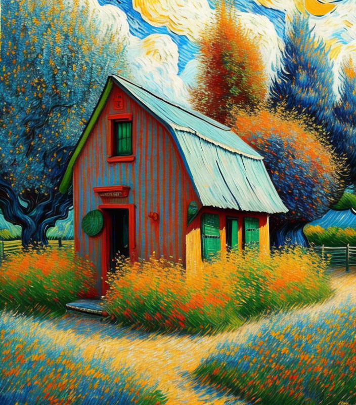 Colorful painting of red barn in lush foliage under blue sky