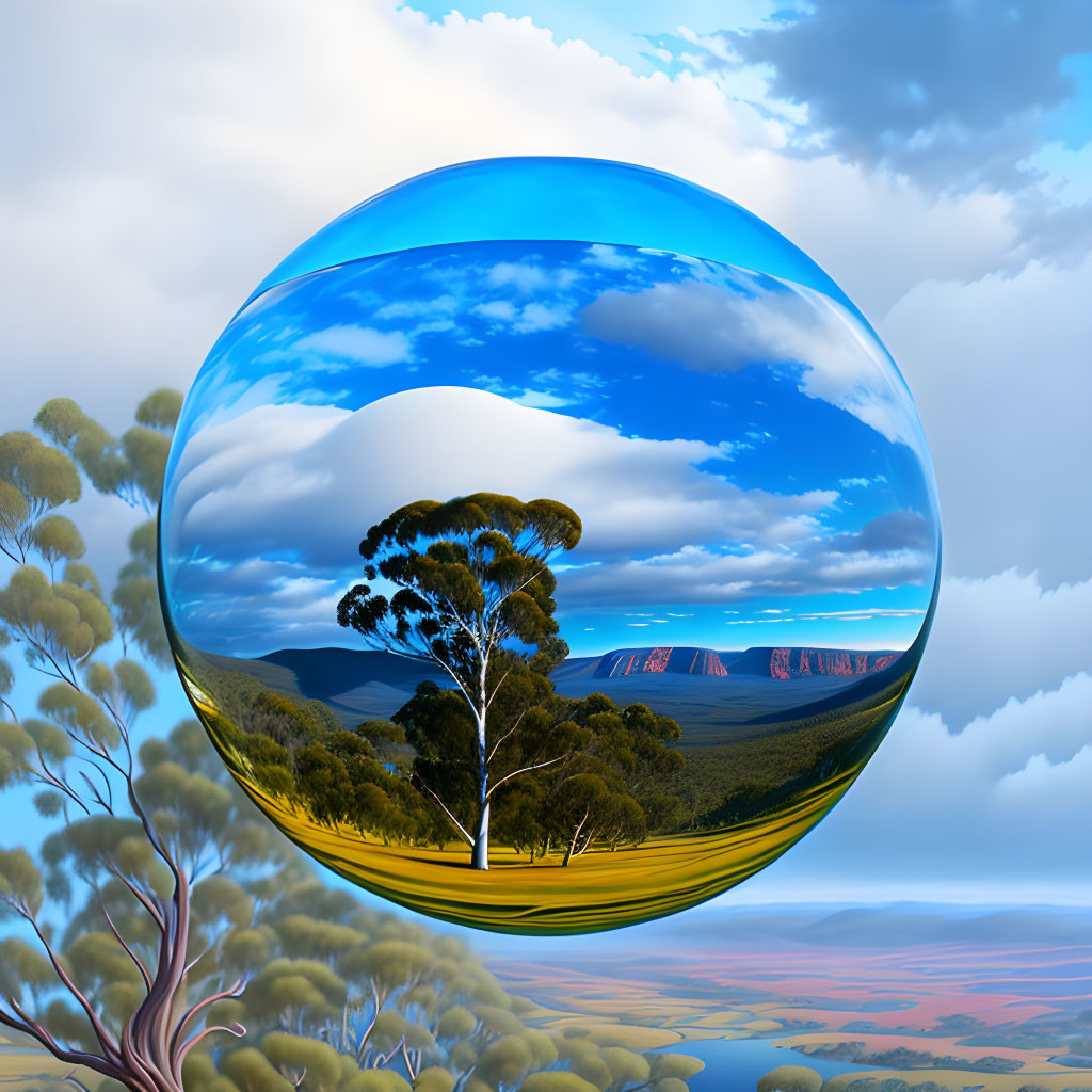 Surreal landscape with eucalyptus trees, hills, and mountains in transparent bubble