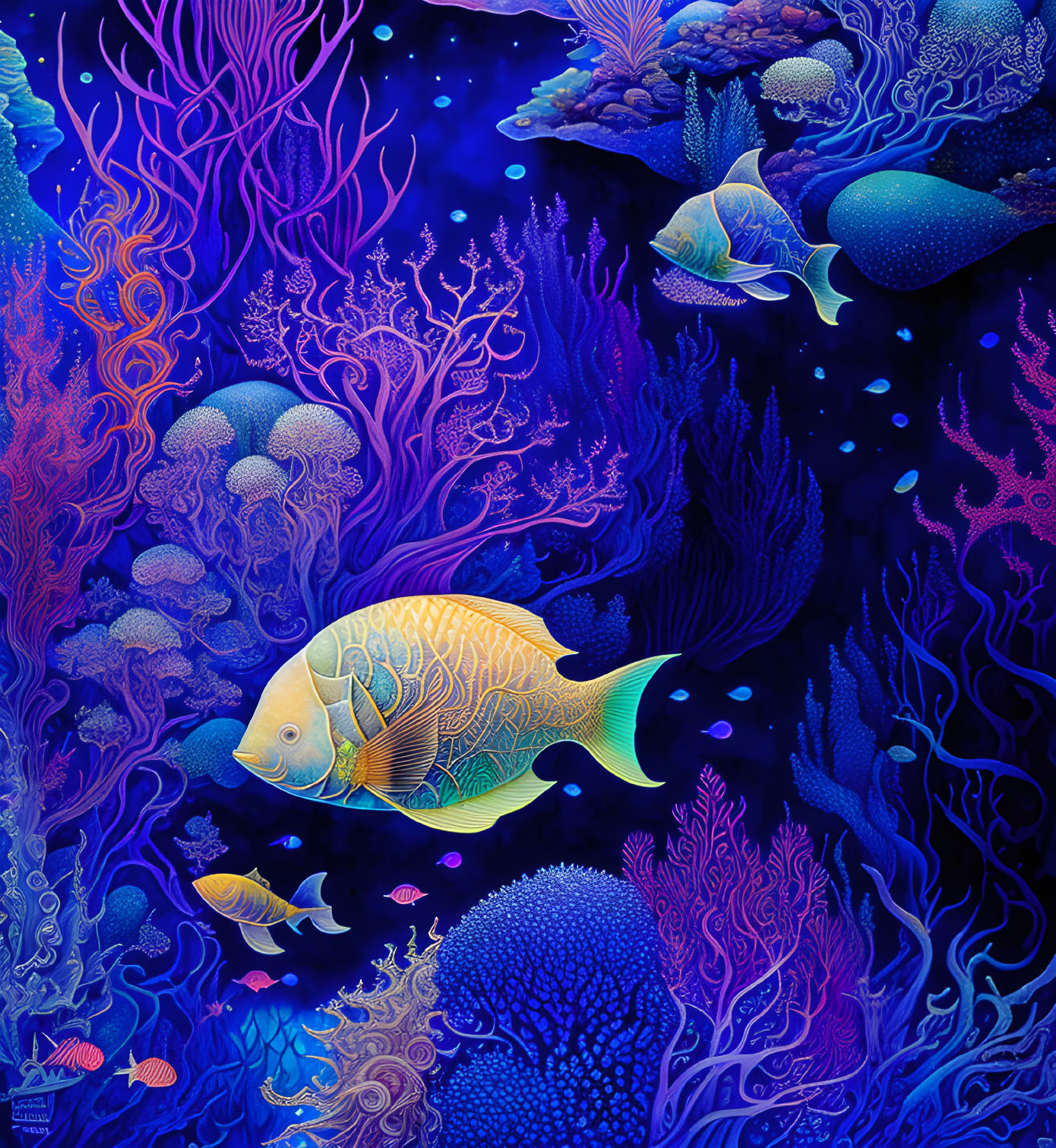 Colorful Underwater Scene with Fish and Coral in Blues, Purples, and Yellows