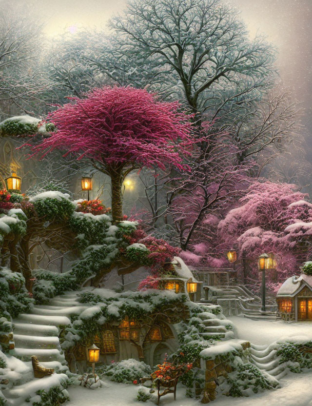 Snow-covered houses and pink snow-dusted trees in a whimsical winter scene