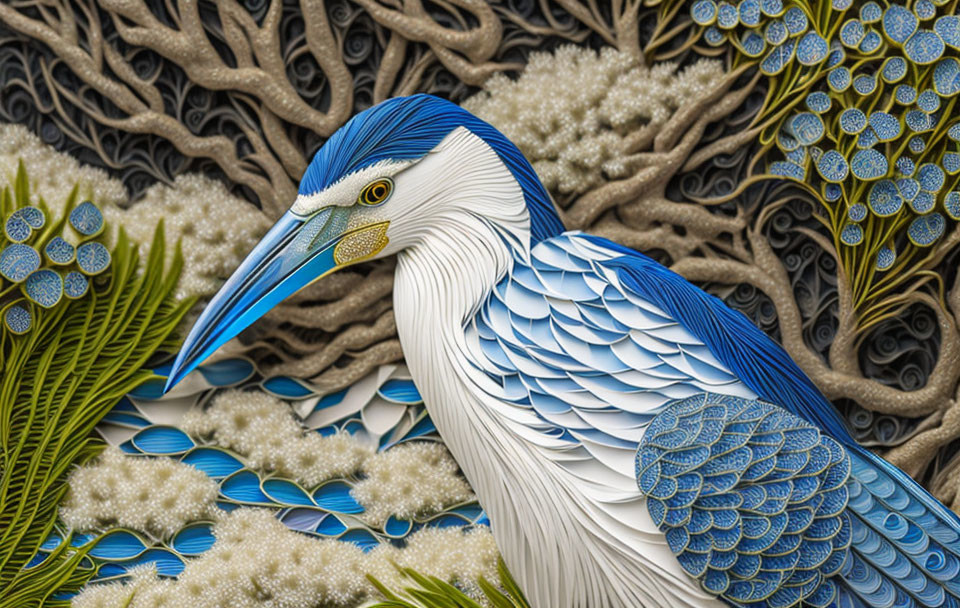 Detailed Blue and White Bird Illustration on Textured Plant and Coral Background