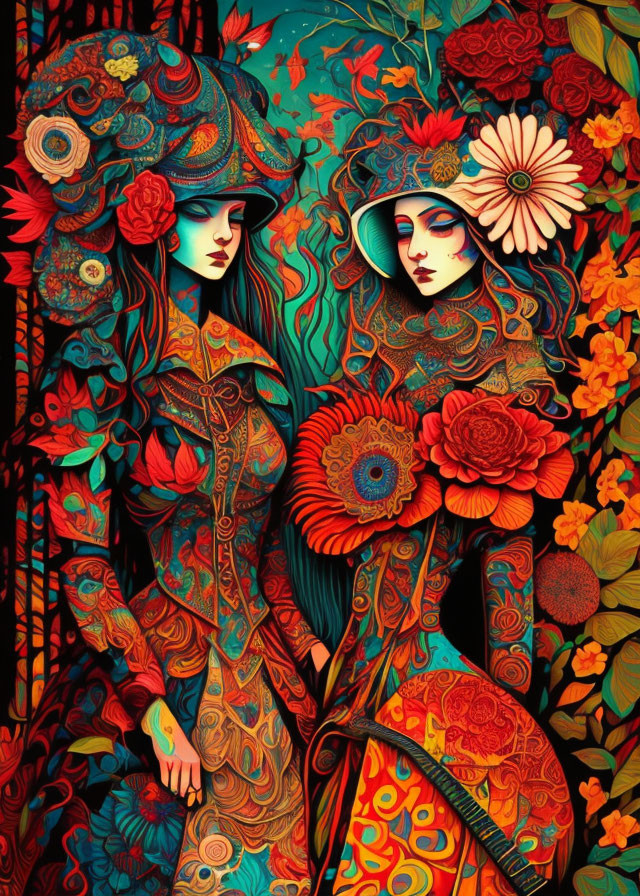 Colorful Art Nouveau-Inspired Female Figures in Floral Setting