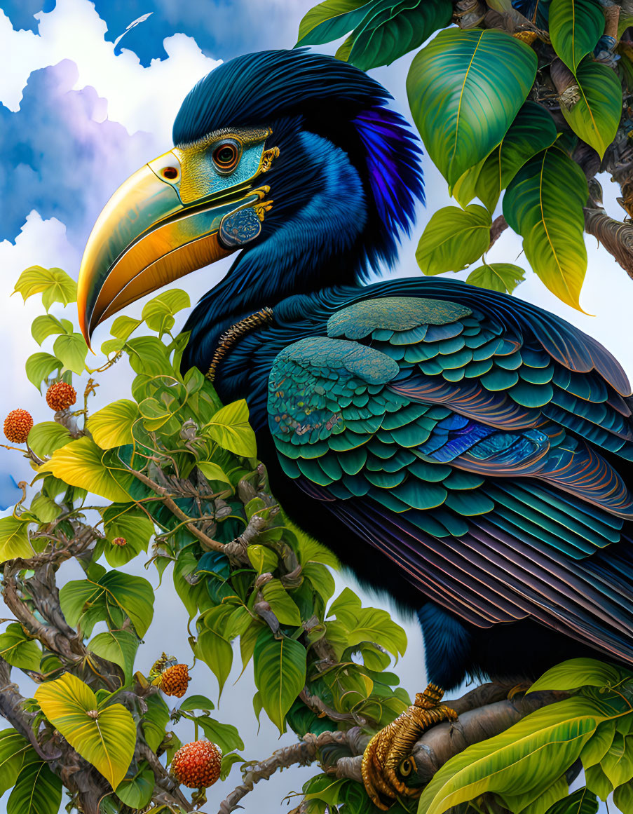 Colorful digital art: Mechanical bird like hornbill on branch with green leaves and fruit, cloudy sky