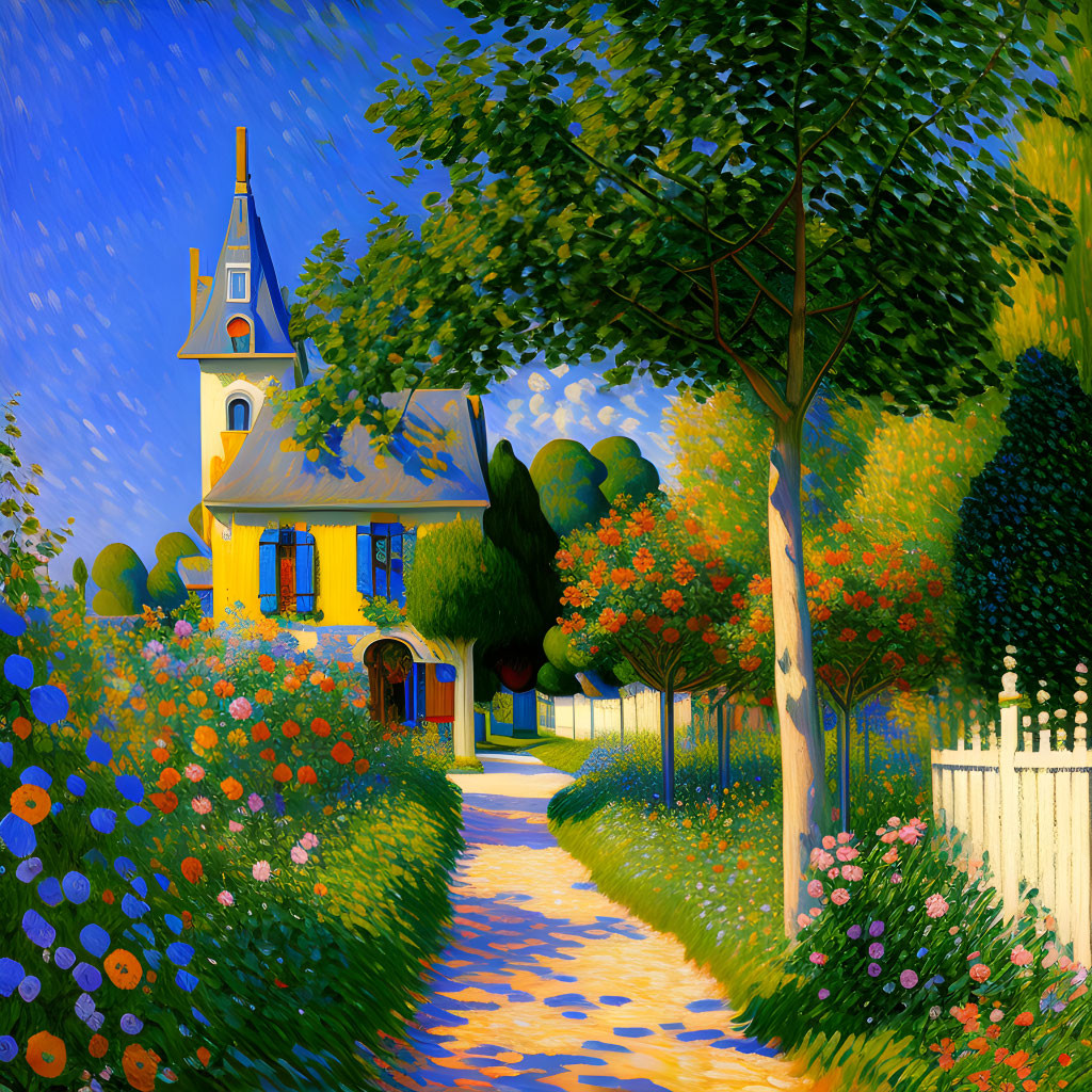 Colorful painting of quaint church with spire in nature scene