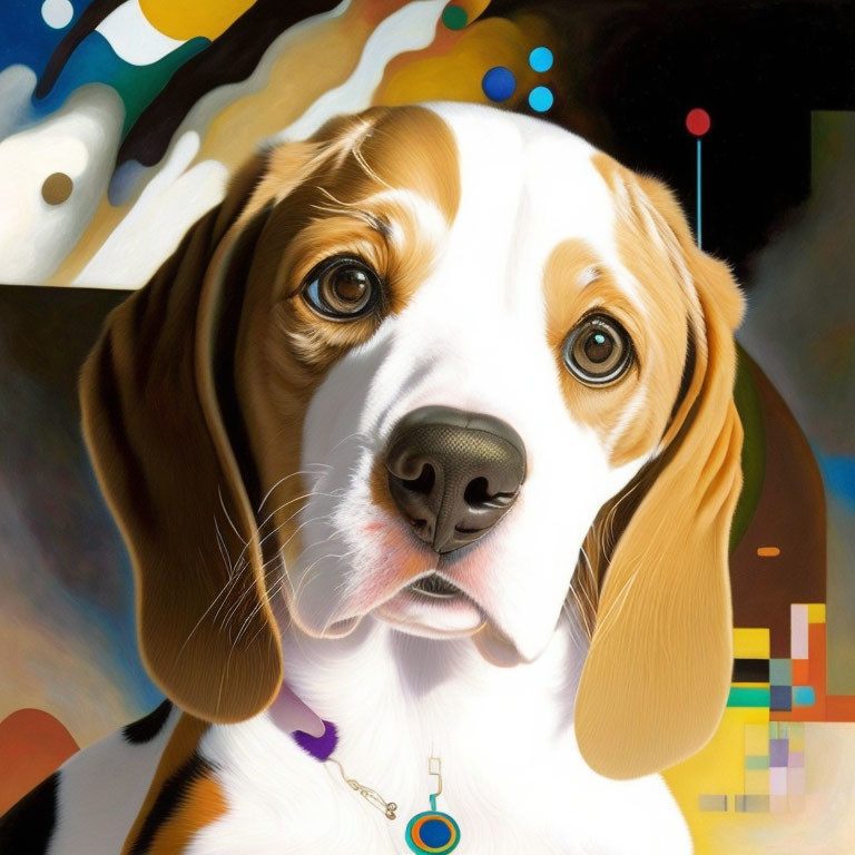 Beagle painting with soulful eyes on colorful abstract background