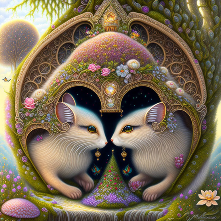 White Cats in Mystical Cosmic Setting with Flowers and Glowing Symbol