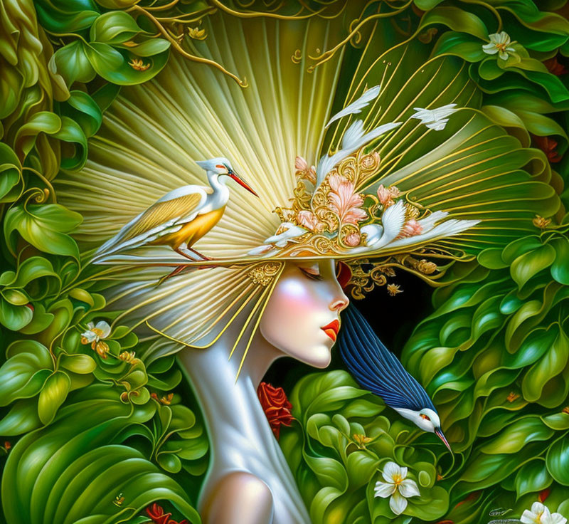 Detailed portrait of a woman with elaborate floral headdress amid lush greenery