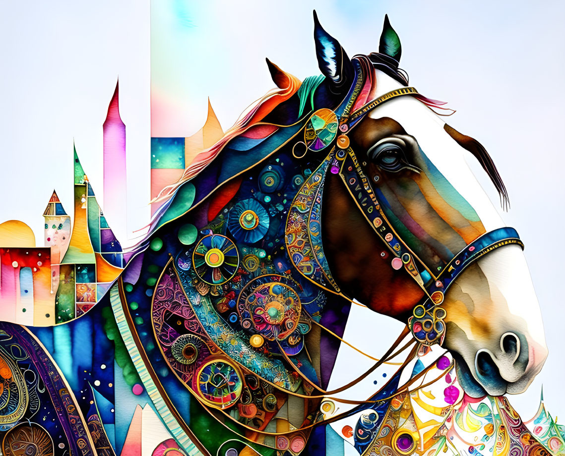 Colorful Artwork: Ornate Horse & Whimsical Castles