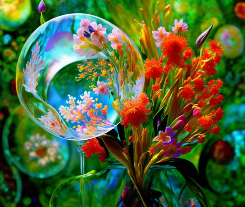 Colorful red and pink flower bouquet with greenery, clear bubble, and bokeh background