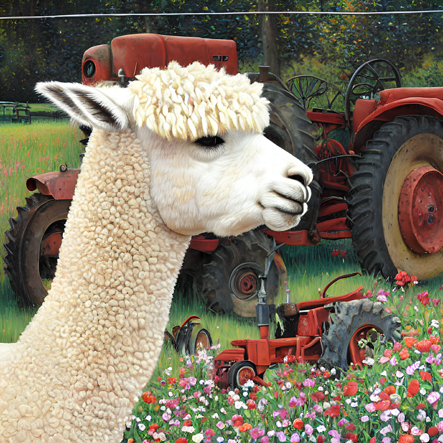 Alpaca with fleece-covered head, red tractors, colorful field