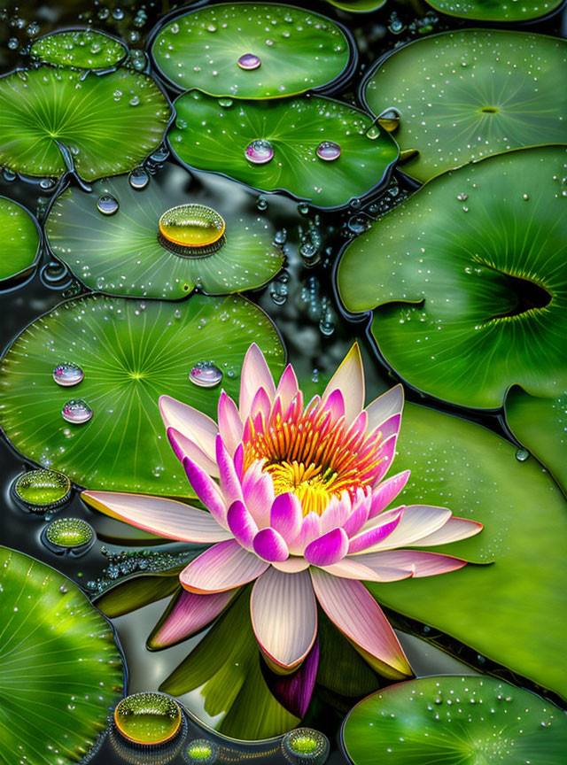 Colorful digital artwork: Pink lotus flower in green lily pad pond