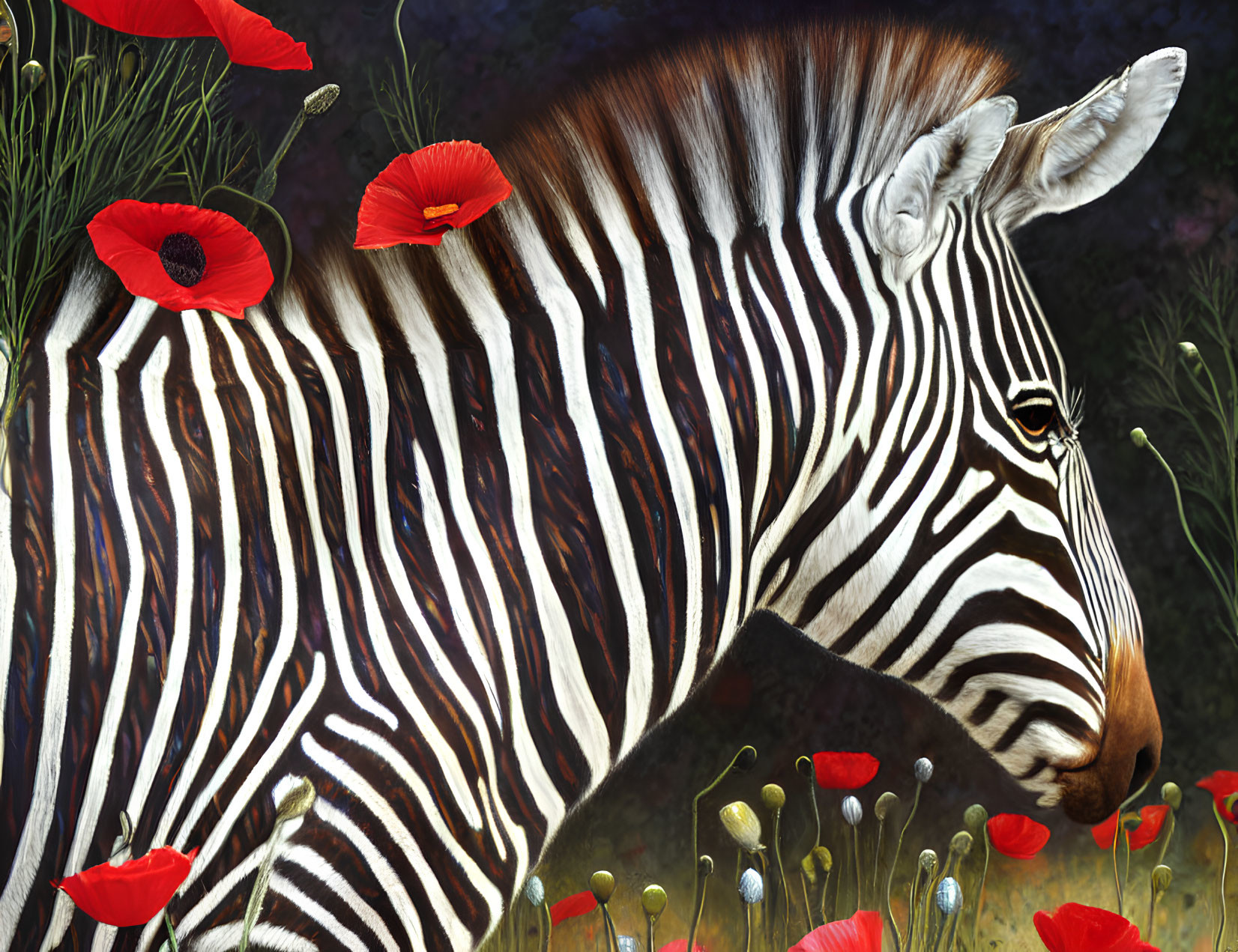 Zebra head and neck in red poppies with dark background