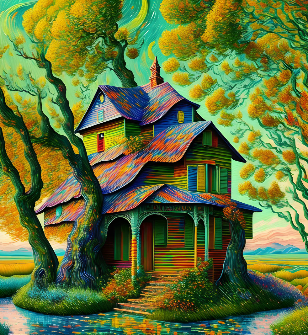 Surreal two-story house illustration with vibrant, wavy lines and twisted trees