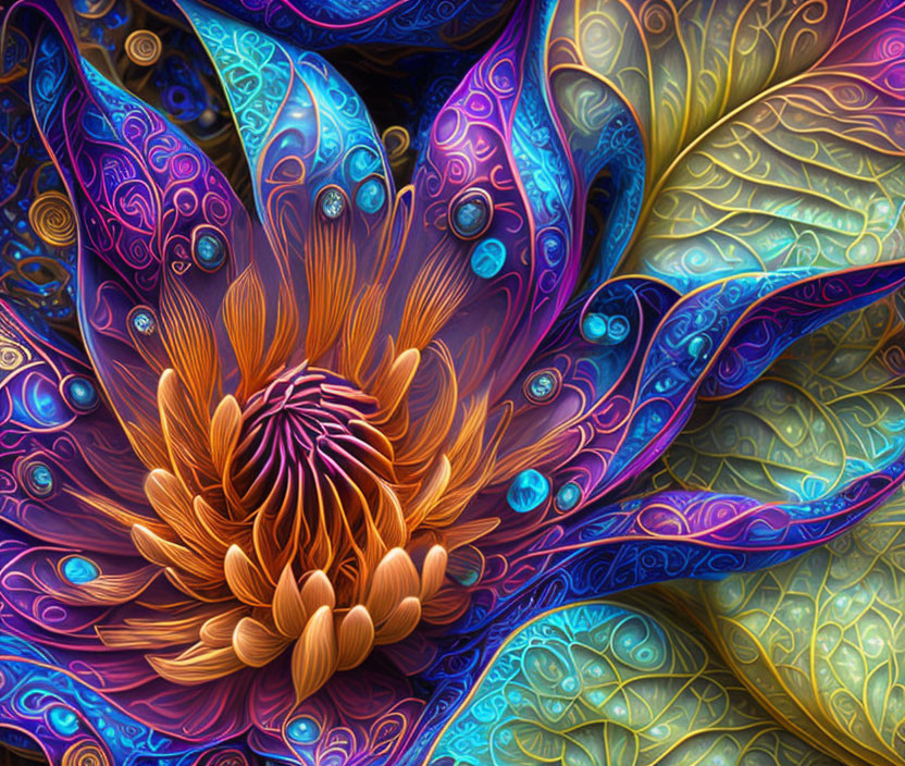 Vivid Abstract Floral Design in Blue, Purple, Orange, and Gold