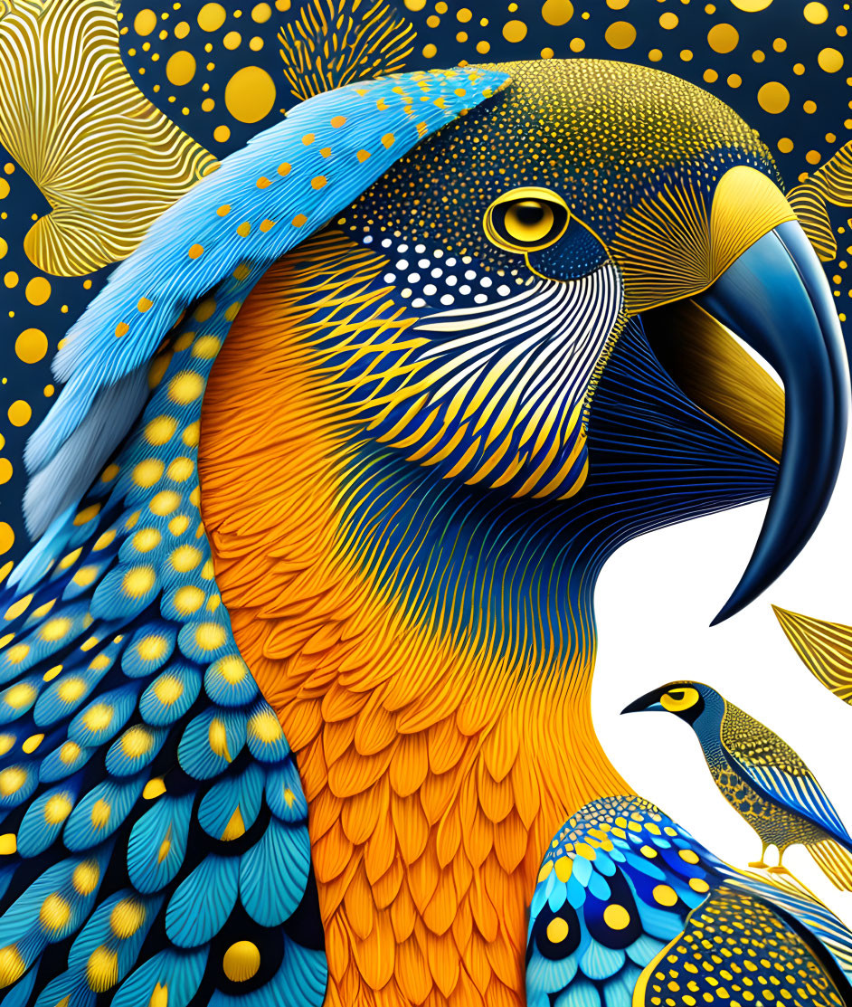 Colorful digital artwork featuring stylized parrot and small bird in blue and golden hues