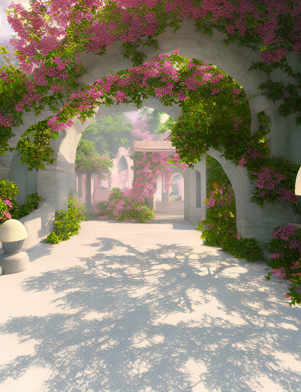 Stone Archway Covered in Pink Flowers Overlooking Sunlit Garden Path