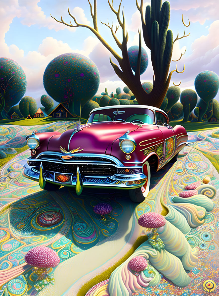 Colorful classic car on psychedelic landscape with surreal trees.