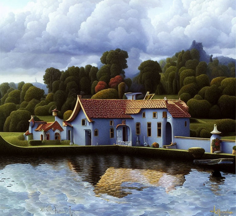 Tranquil painting of blue-roofed house by calm lake