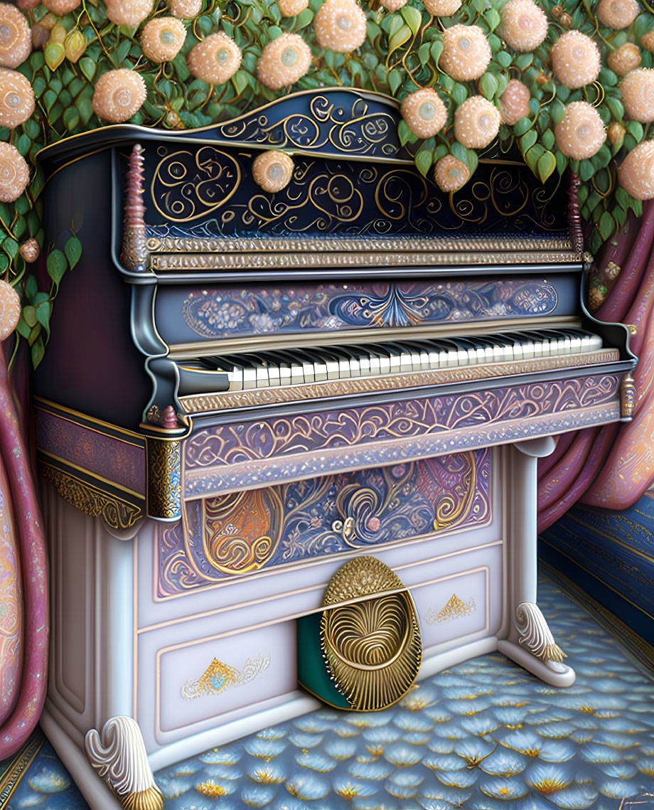 Ornate Decorated Piano with Intricate Designs and Floral Backdrop