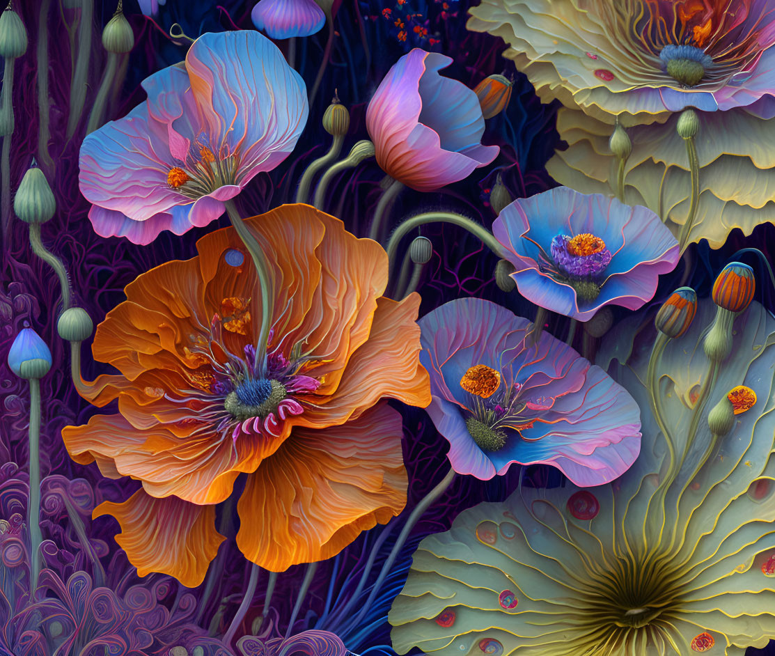 Colorful Digital Art Featuring Stylized Poppies in Rich Palette