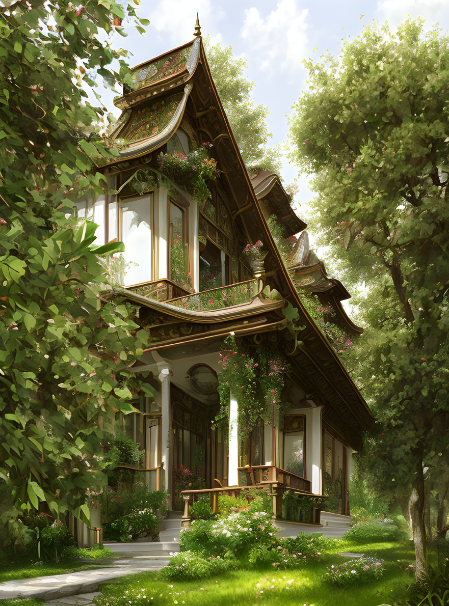 Traditional multi-level wooden house in lush green setting with blooming flowers