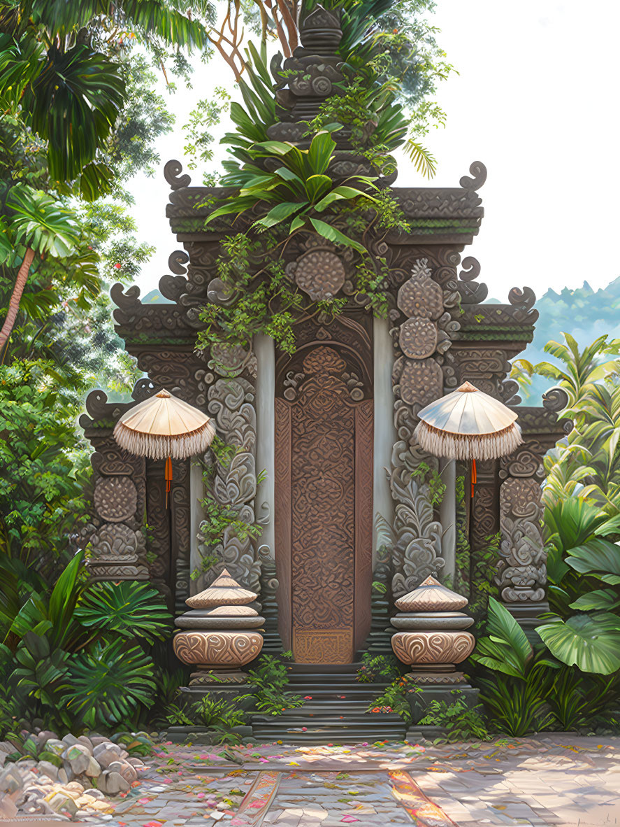 Tropical Carved Doorway with Stone Lanterns in Lush Garden