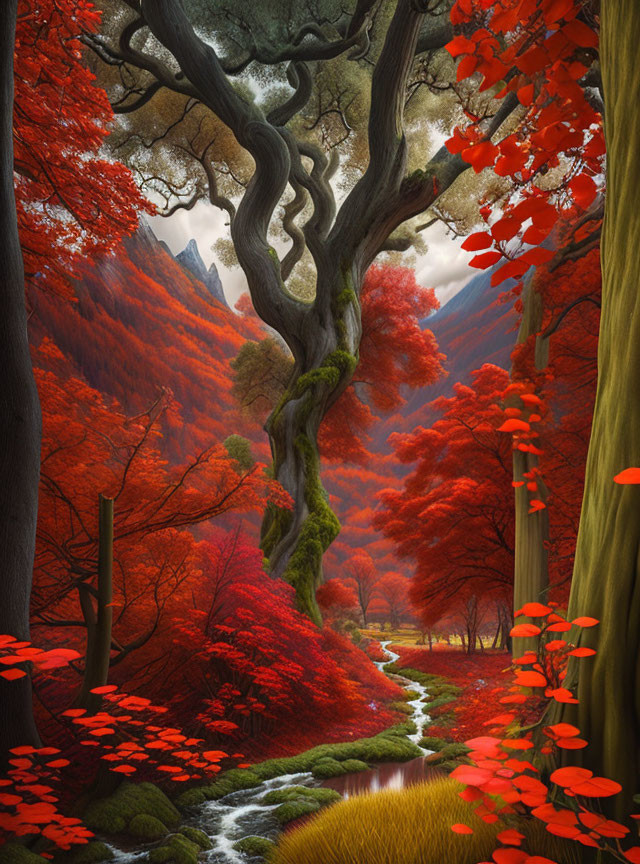 Vivid Red Autumn Forest with Meandering Stream