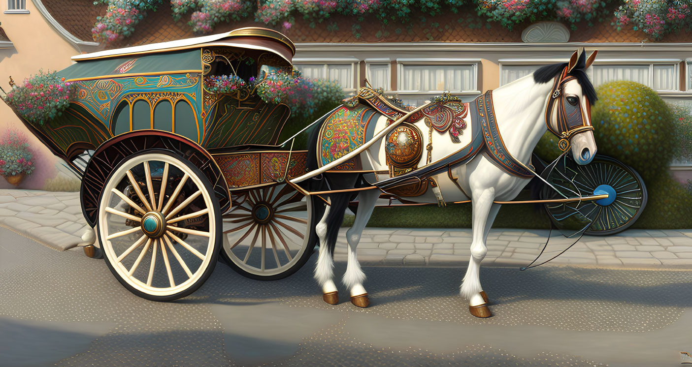 Ornate horse-drawn carriage on cobblestone street with white and brown horse