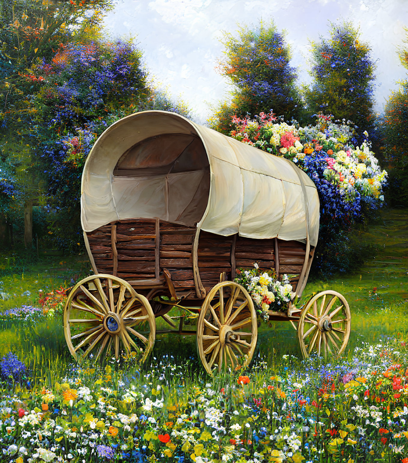 Vibrant painting of covered wagon in flower-filled meadow