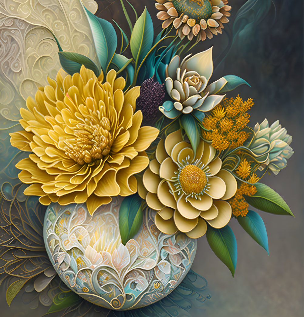 Golden Flower Bouquet in Patterned Vase on Gray Background