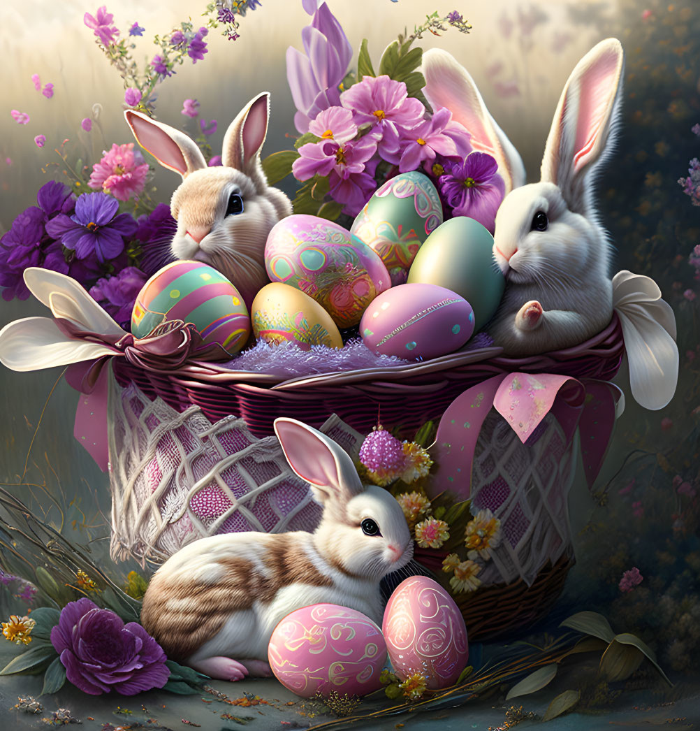 Four rabbits with Easter eggs in basket among purple flowers and green foliage.