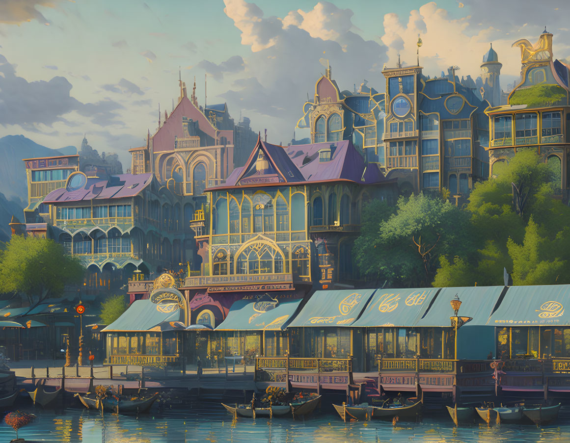 Victorian-style buildings and moored boats by a river showcase rich architectural detail.