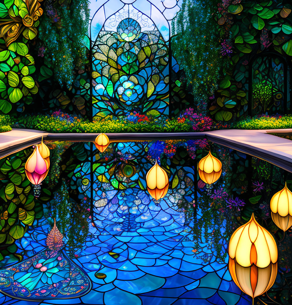 Colorful Stained Glass Art of Lush Garden and Pool