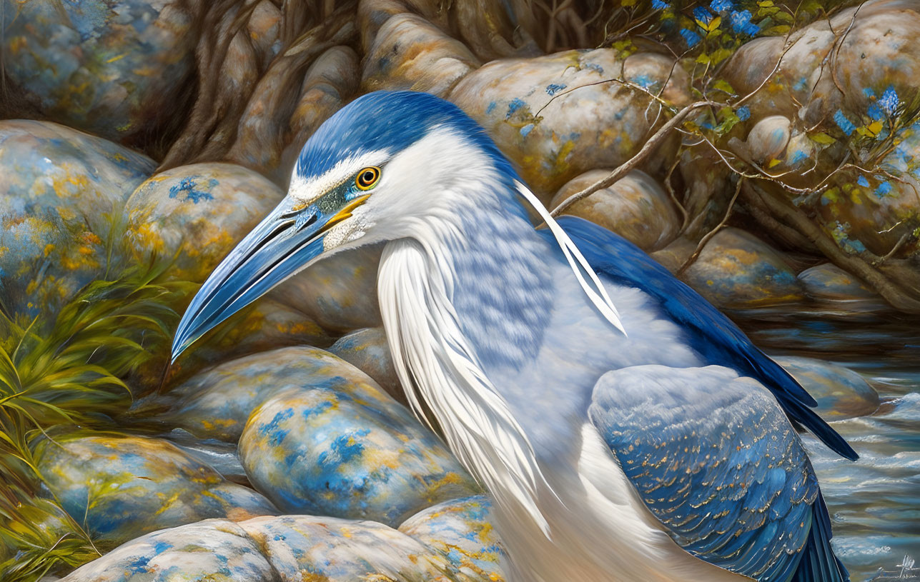 Detailed Illustration: Blue-gray Heron Among Mossy Rocks