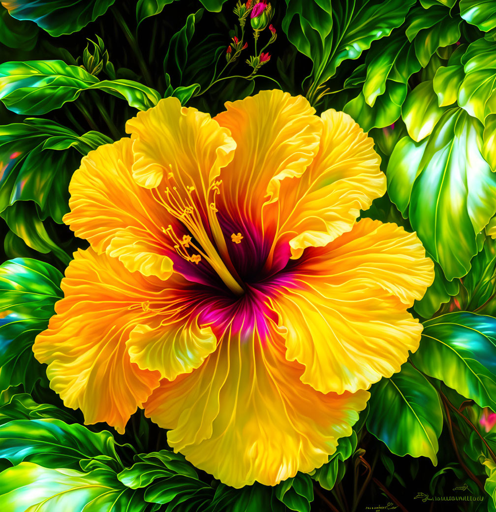 Colorful digital artwork: Large yellow hibiscus with red center in lush green foliage