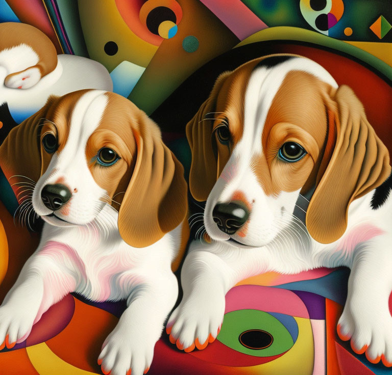 Stylized Beagle Puppies Against Colorful Abstract Background